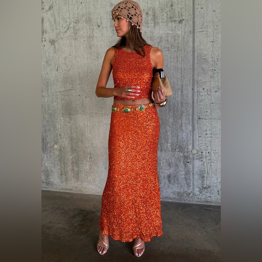 Never Fully Dressed Orange Sequin Two-Piece Skirt Set